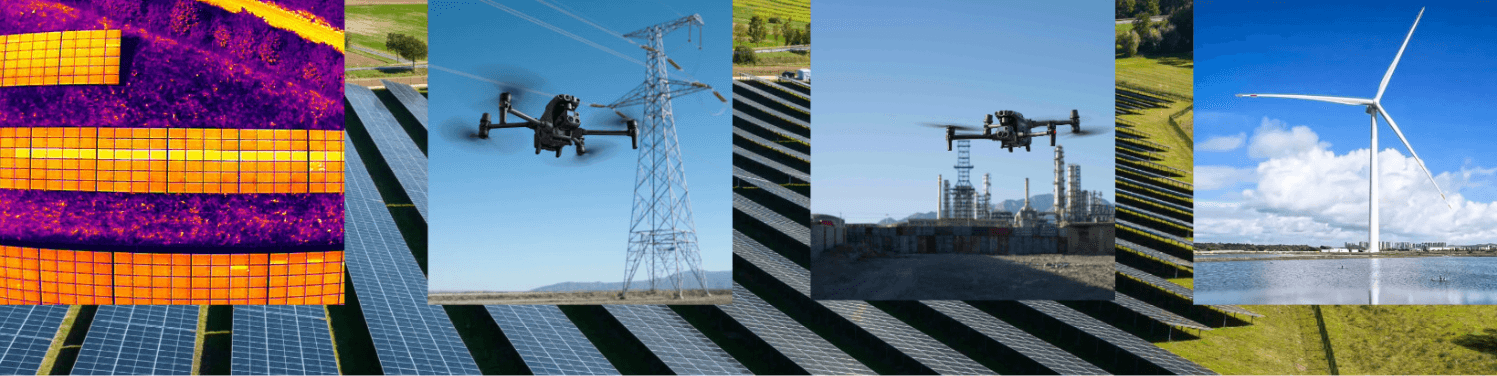 Collage von Drohneninspektionen: Thermografie von Solaranlagen, Inspektion von Stromleitungen, Industrieanlagen und Windkraftanlagen